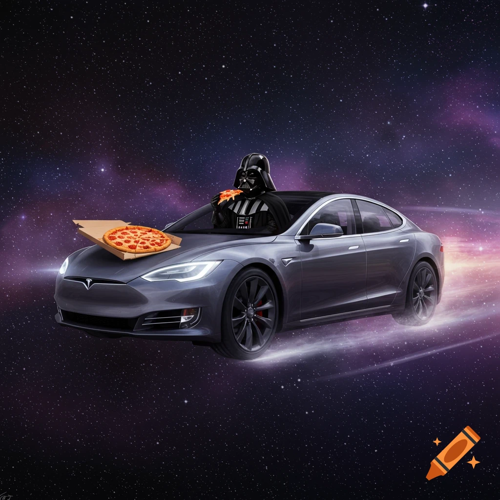 Darth Vader drives a gray Tesla through space, eating a slice of pizza from a box on the hood.
