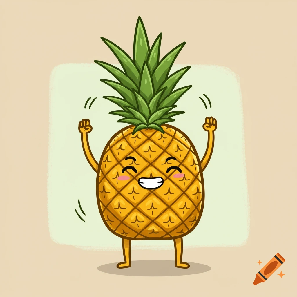 Cute cartoon pineapple character with a happy face, stretching its arms up with wavy lines indicating movement.