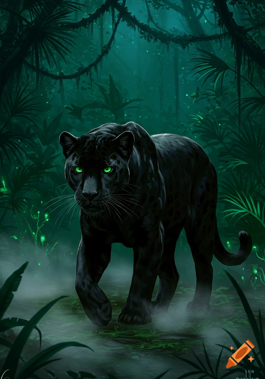 A black panther with glowing green eyes stalks through a misty, dark green jungle.