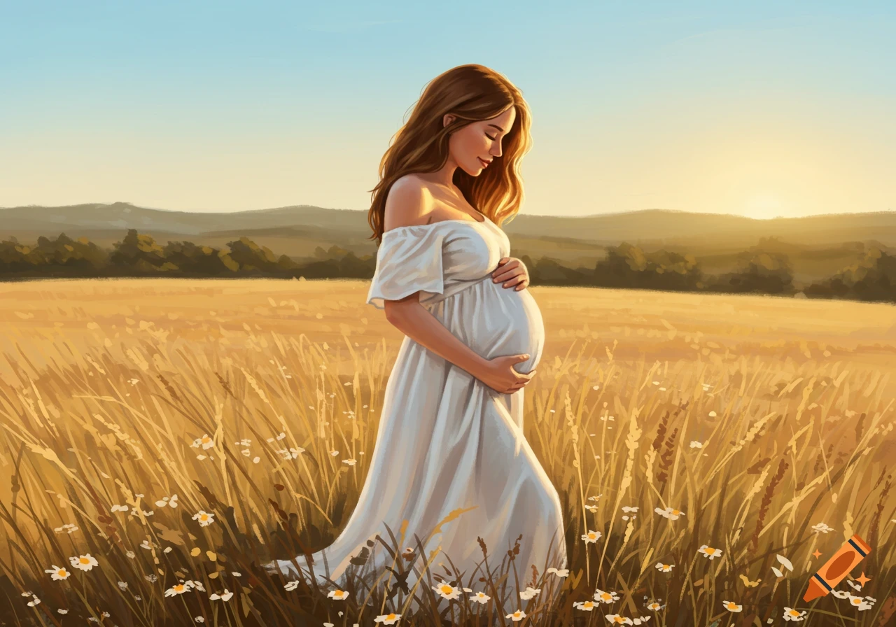A pregnant woman in a white dress stands in a golden field during sunset, looking down at her belly.