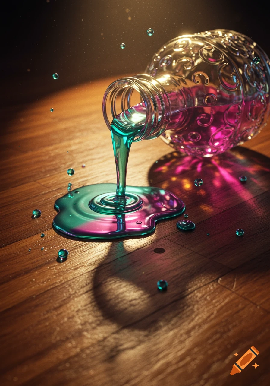 A photorealistic image of a clear glass bottle spilling iridescent teal and magenta liquid onto a polished wooden surface, with luminous reflections.
