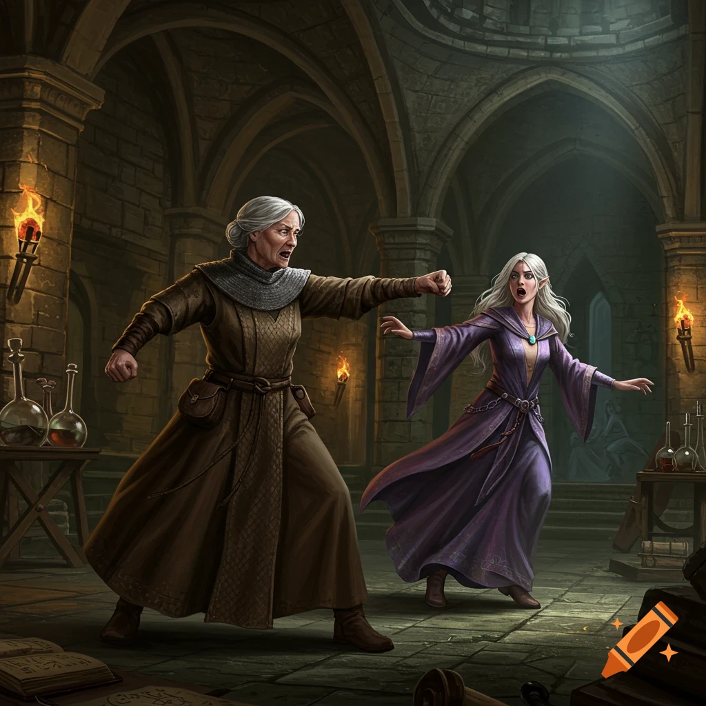 An older woman in brown medieval robes punches a younger woman in purple wizard robes in a dark fantasy dungeon, digital art.