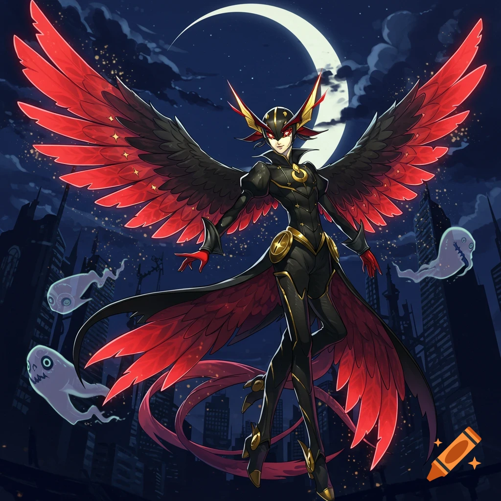A winged character with red and black wings and a dark suit floats against a moonlit city skyline with ghosts, in a Persona 5 style.