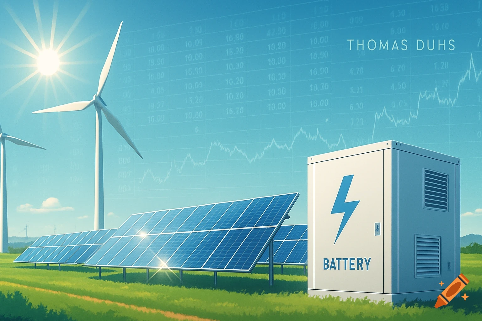 A bright, sunny landscape with wind turbines, solar panels, and a battery storage unit. A financial graph and text "THOMAS DUHS" are overlaid.