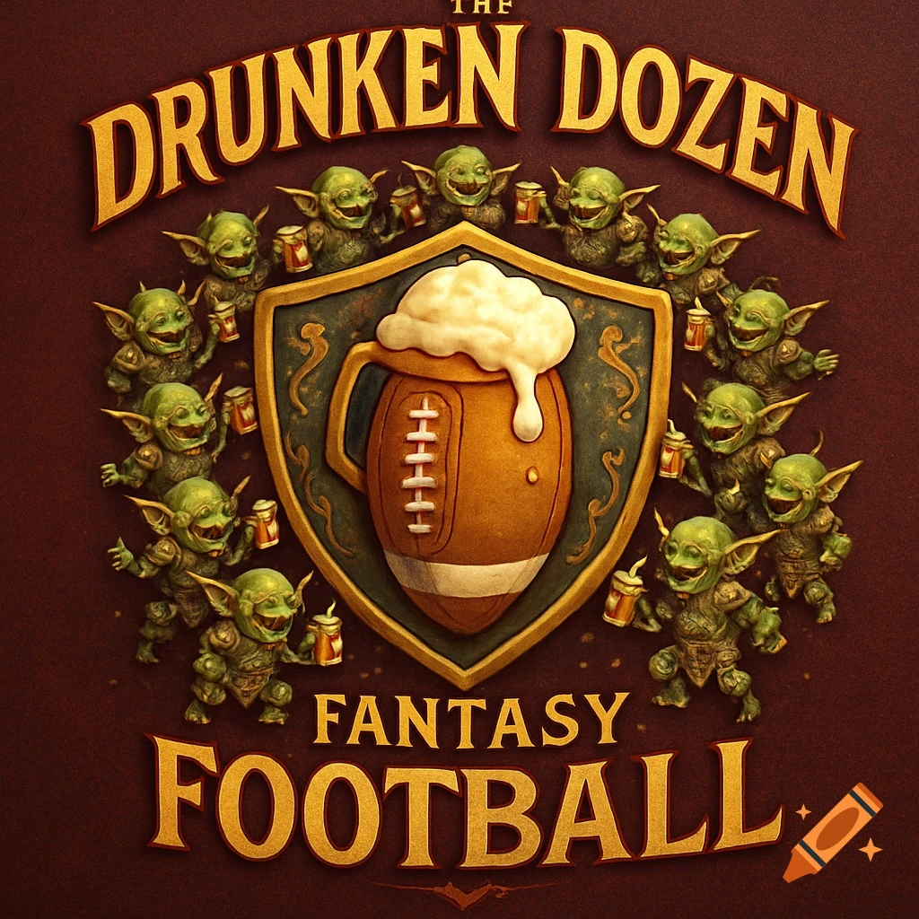 A fantasy-style logo featuring a football-shaped mug of beer on a shield surrounded by green, laughing goblin-like creatures holding mugs. Text reads 'The Drunken Dozen Fantasy Football'.