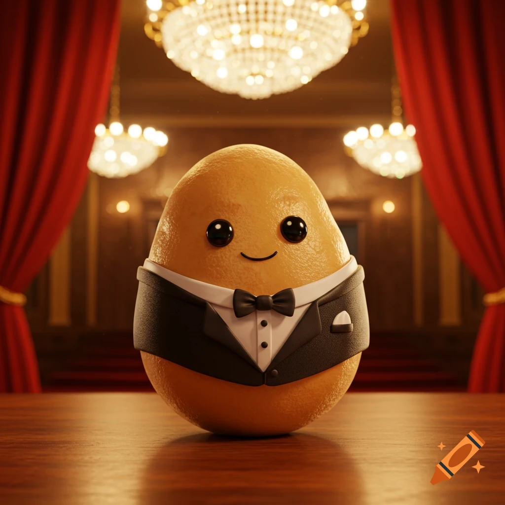 A cute, smiling potato character wearing a black tuxedo and bow tie stands on a wooden stage with red curtains and chandeliers in the background.