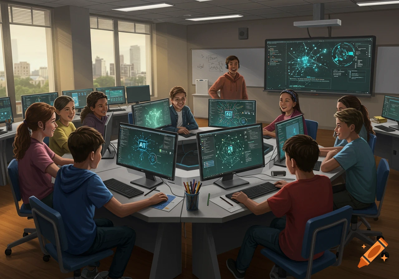 Middle school students in a classroom gathered around a table, working on computers displaying AI concepts.