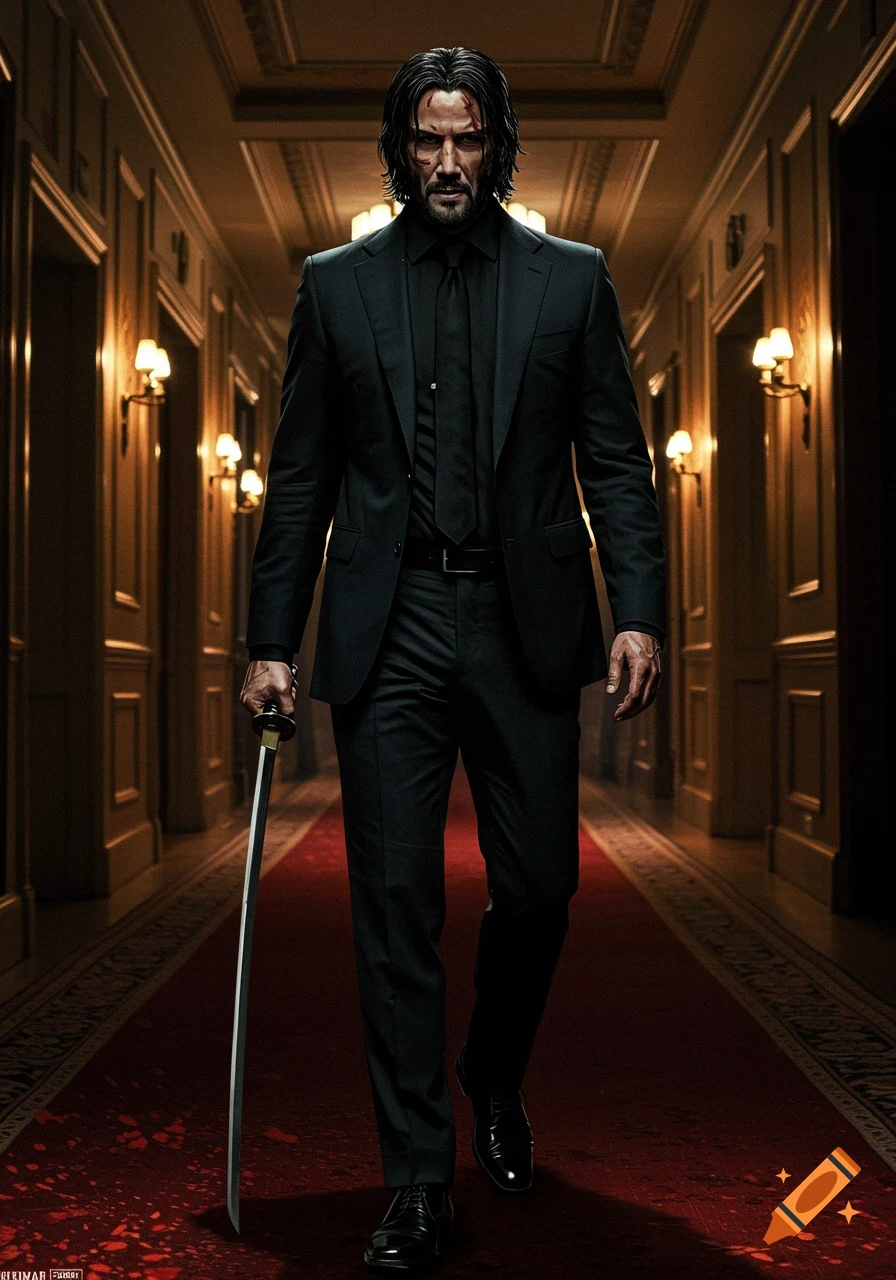 A man resembling John Wick in a black suit walks down a luxurious red-carpeted hallway, holding a katana.
