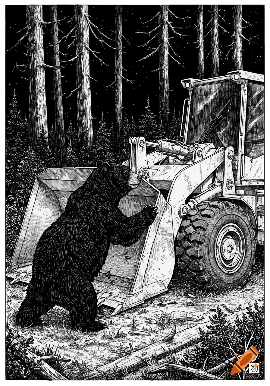 A black and white illustration of a black bear standing by a front-end loader in a forest at night.