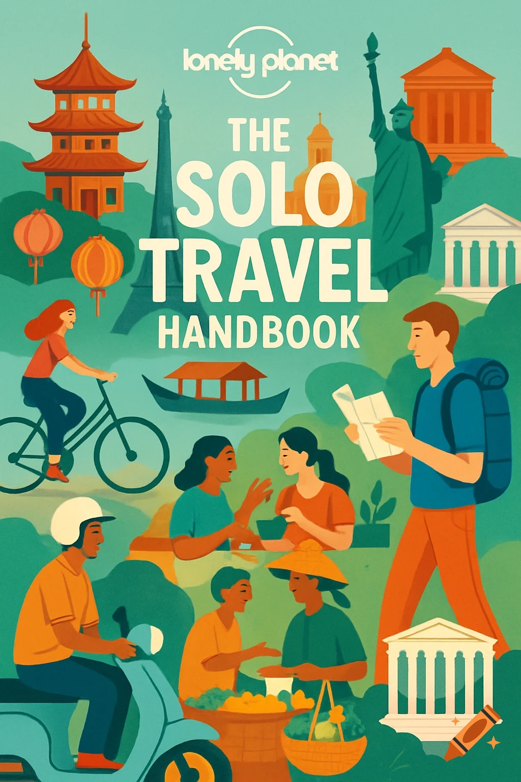 Colorful illustration of people traveling worldwide with landmarks and Lonely Planet's 'The Solo Travel Handbook' title.