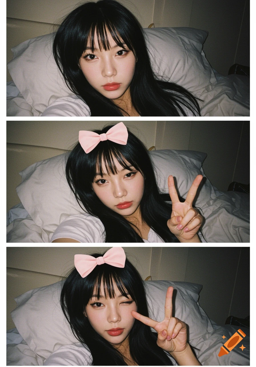 Three-frame photobooth-style image of a young woman with long black hair in bed, posing with a pink bow and peace sign.