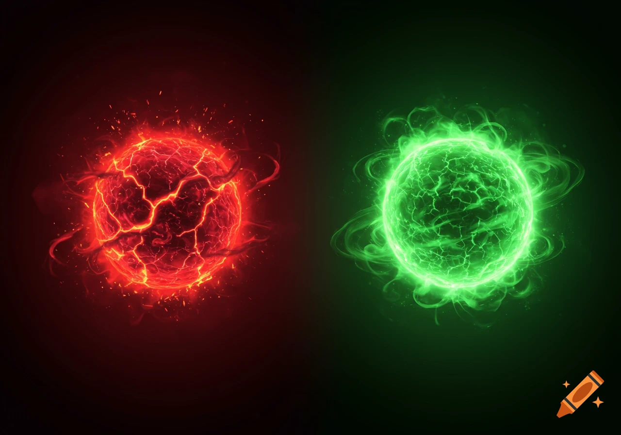 Two glowing, cracked energy spheres, one red and one green, against a dark background.