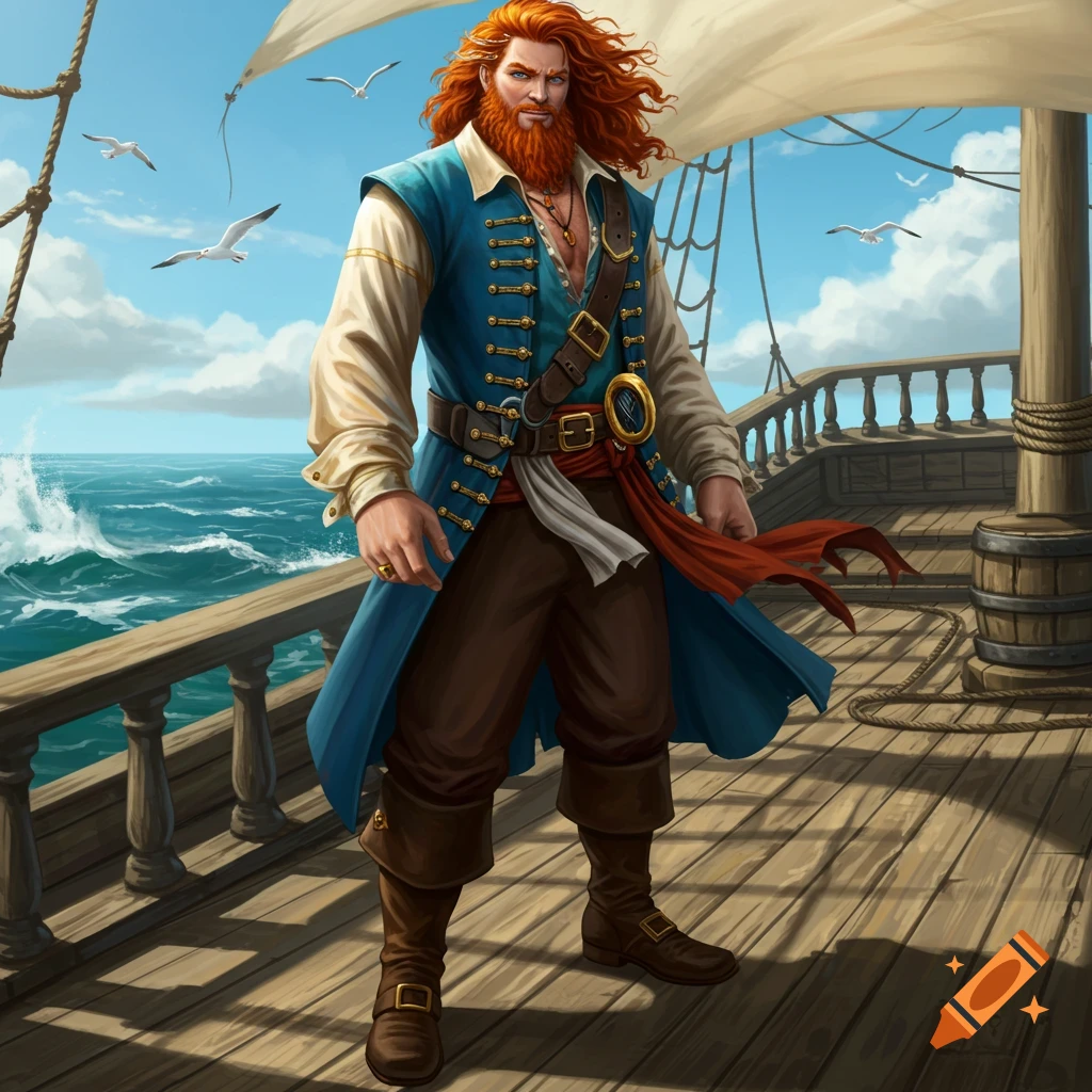 A red-haired, bearded pirate in a blue coat stands on a wooden ship deck with the ocean and seagulls.