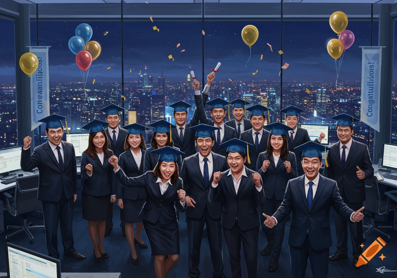 A large group of smiling Asian professionals in graduation caps and business suits celebrate in an office overlooking a city at night.