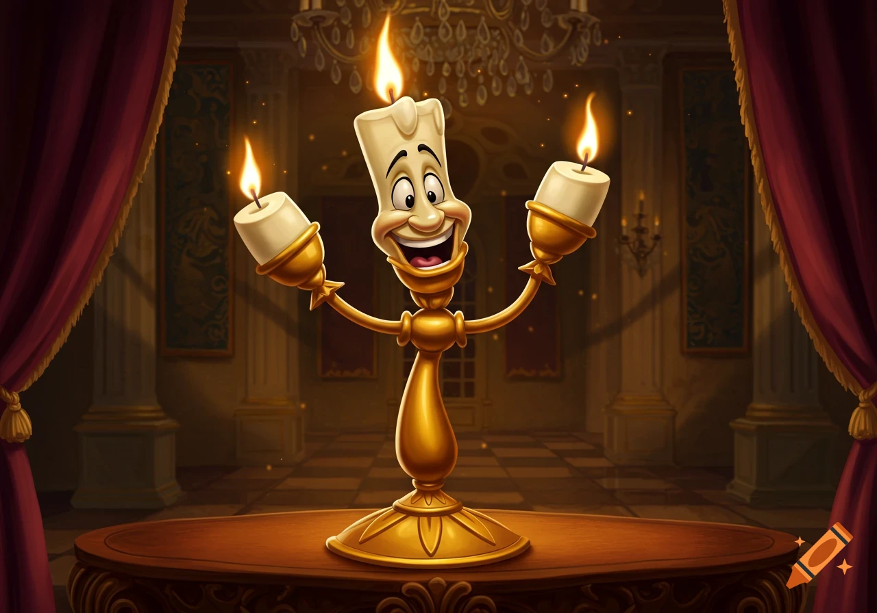 A smiling animated candelabra character with three lit candles on its arms stands on a wooden table in a grand, dimly lit hall with red drapes.