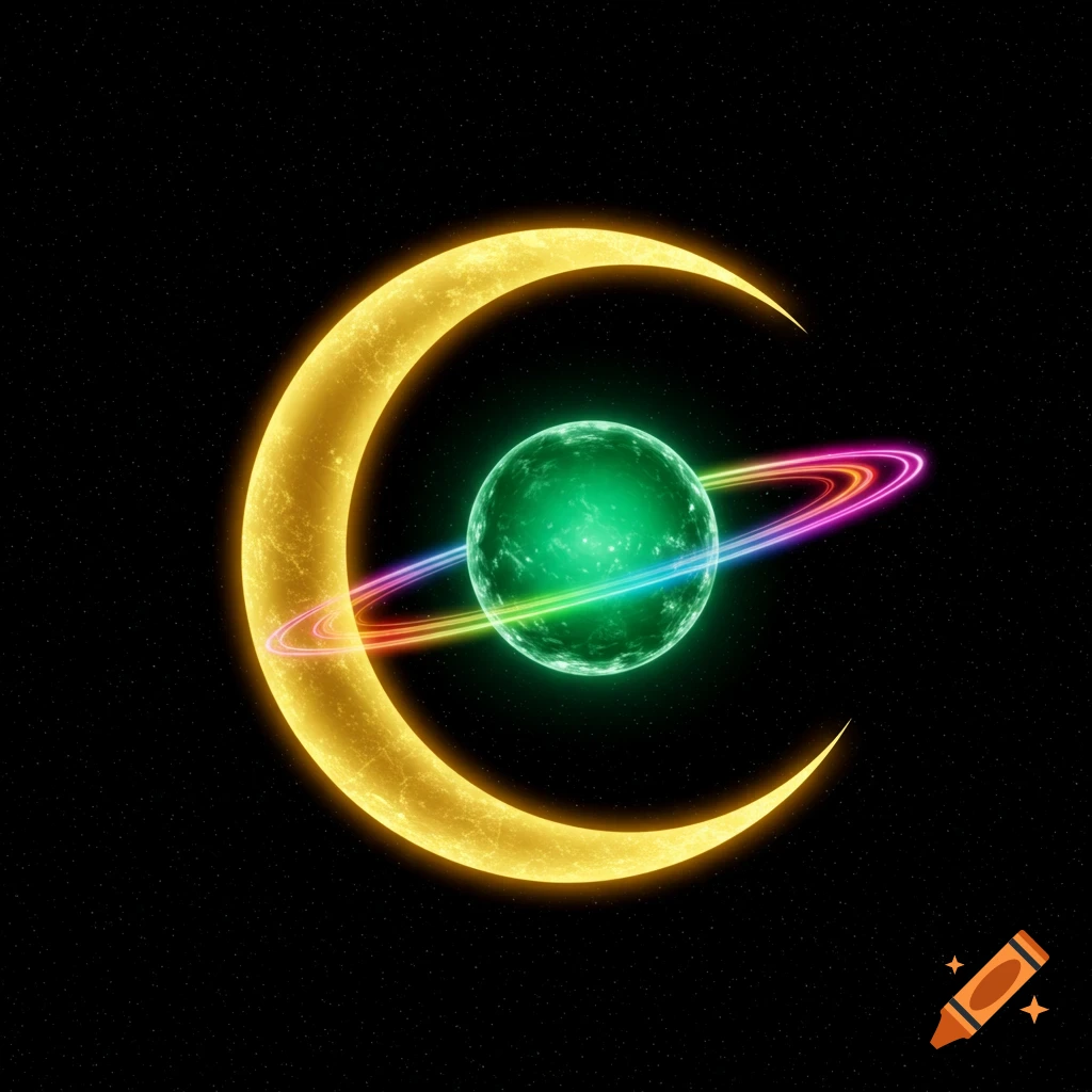 A luminous golden crescent moon cradles a glowing green planet with vibrant rainbow rings against a starry black sky.