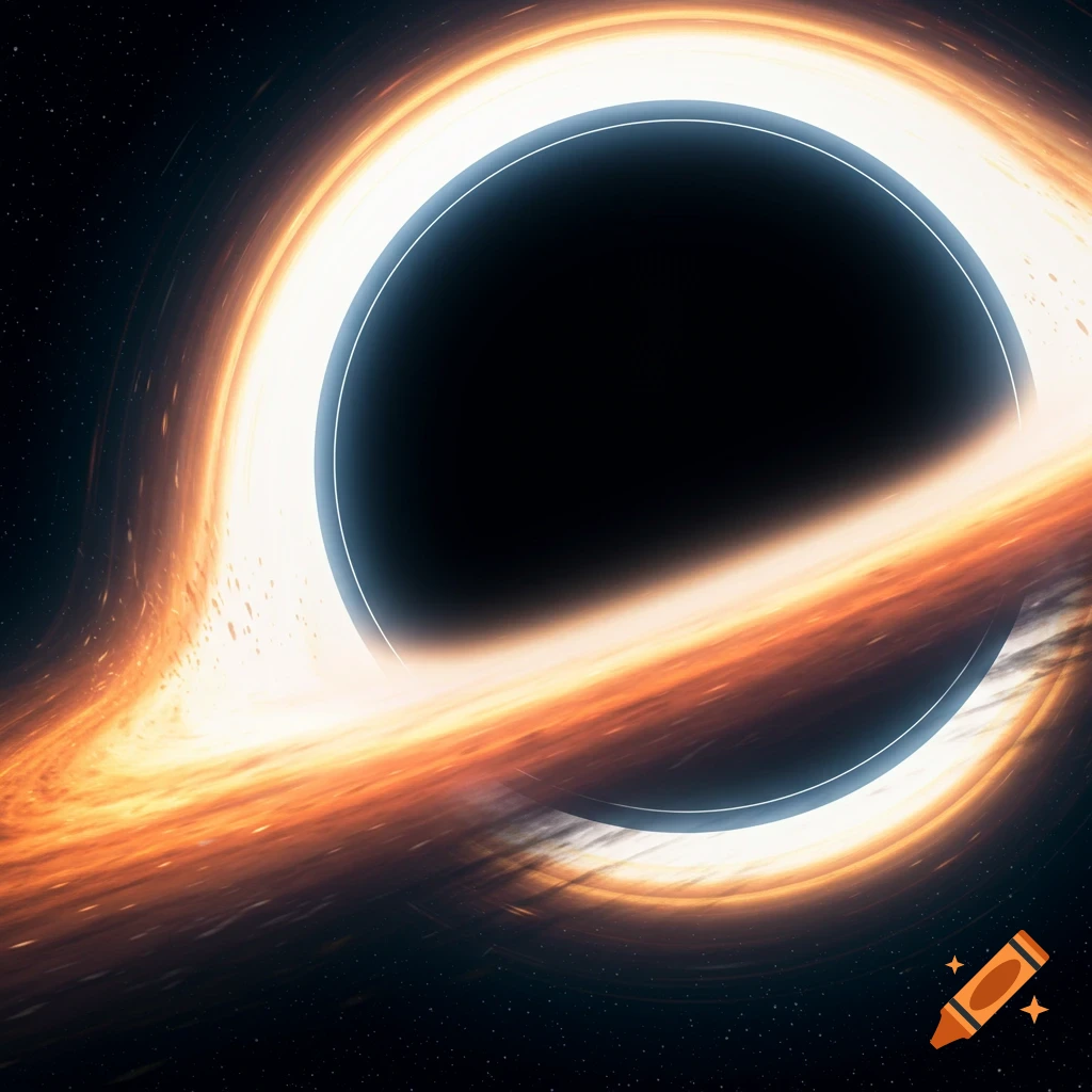 A photorealistic black hole with a bright, glowing orange and white accretion disk against a star-filled dark space.