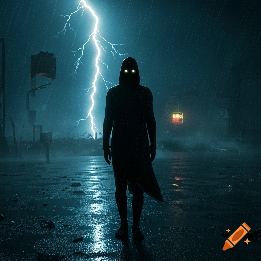 A dark, hooded figure with glowing eyes stands on a wet street during a stormy night, illuminated by a bright lightning strike.