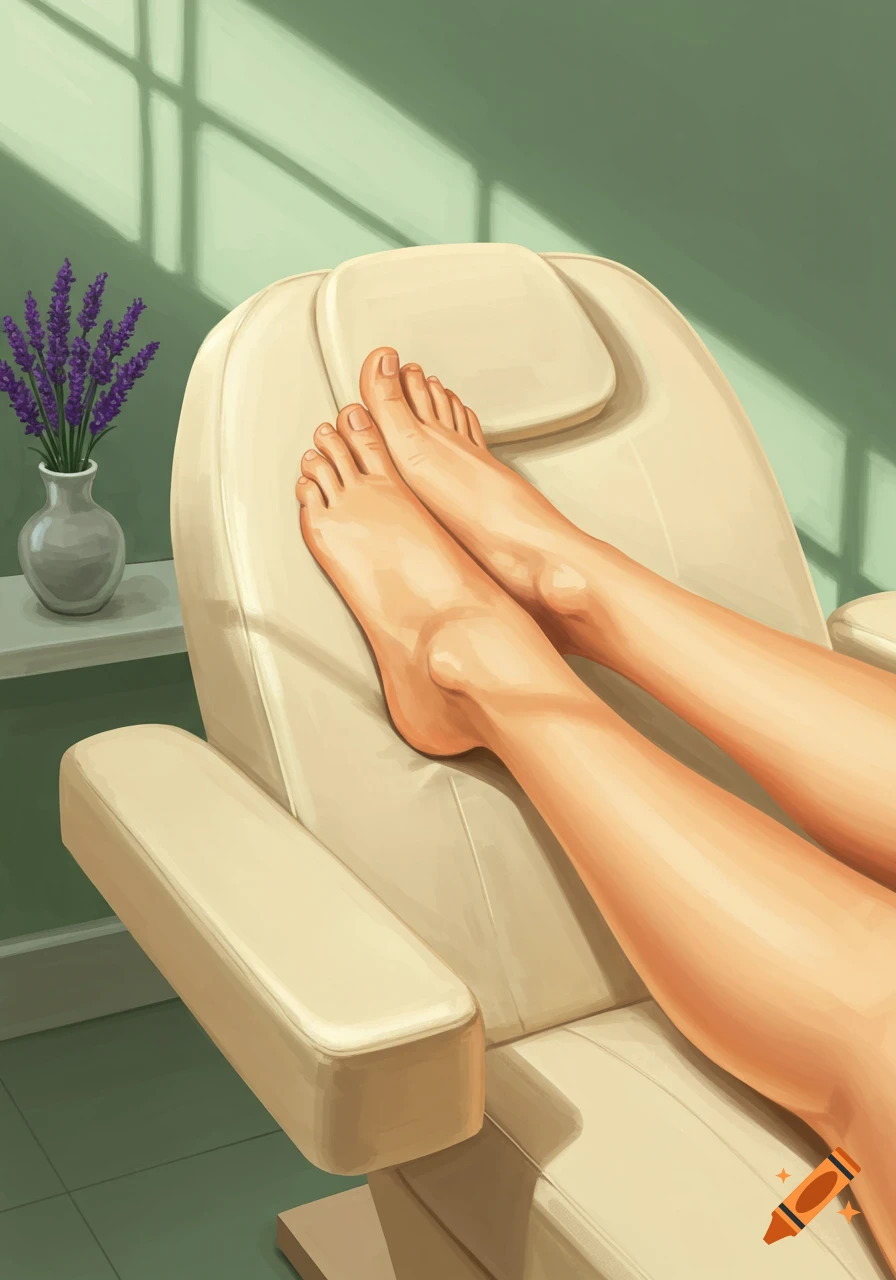 Painterly illustration of bare feet resting on a beige treatment chair in a spa room with lavender flowers on a shelf.