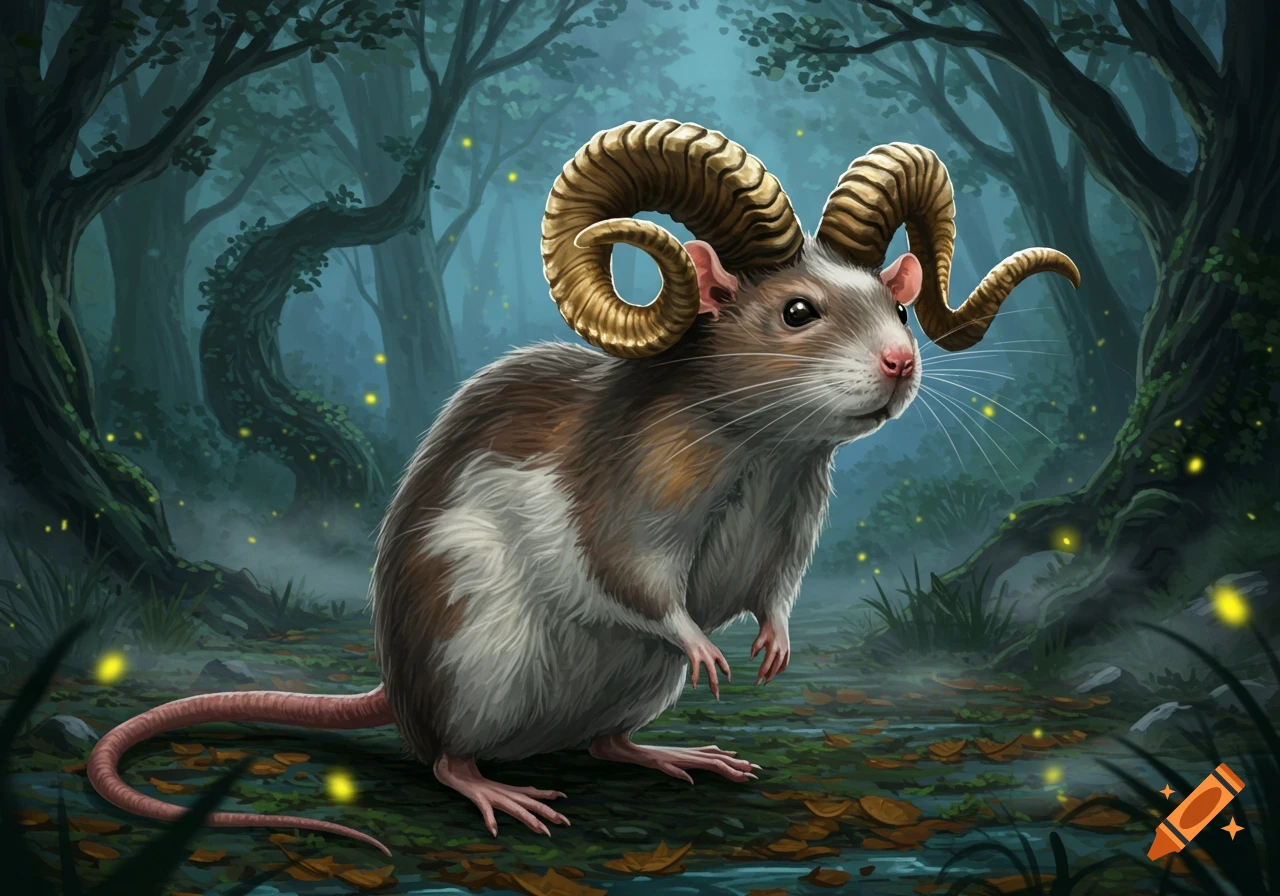 A fantasy illustration of a rat with large ram horns standing in a mystical forest with glowing fireflies.