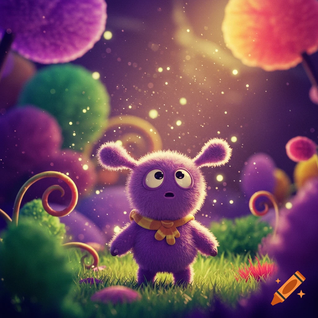 A small, purple, fluffy creature with big eyes and a yellow collar stands in green grass surrounded by colorful, glowing plants.