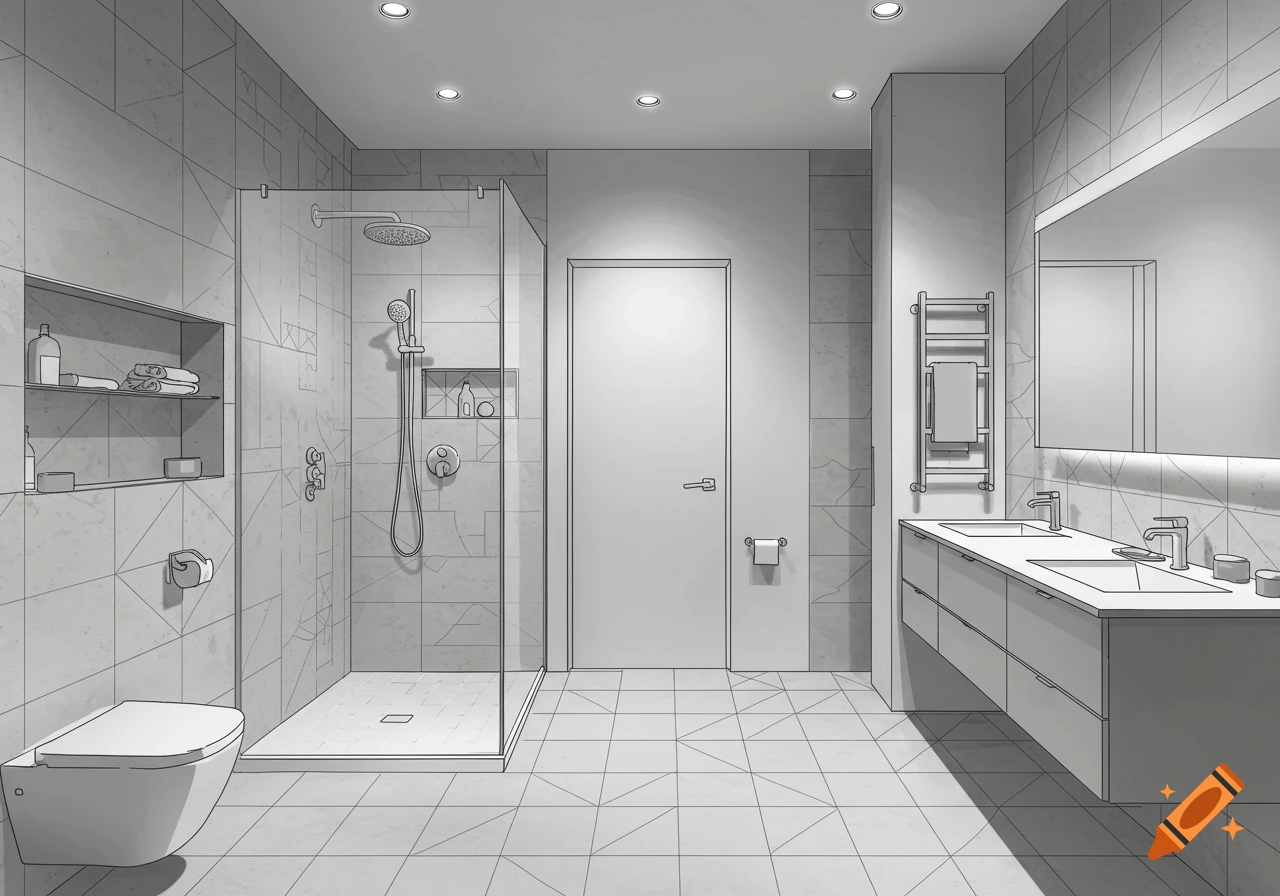 A simple line drawing illustration of a modern bathroom with a shower, toilet, and double vanity.