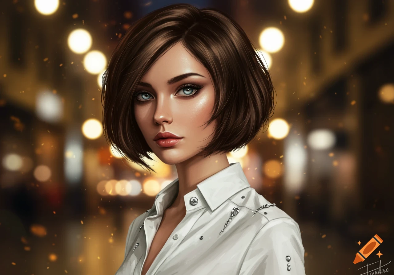 A close-up digital art portrait of a woman with short brown hair, blue eyes, and a white shirt against a bokeh background.