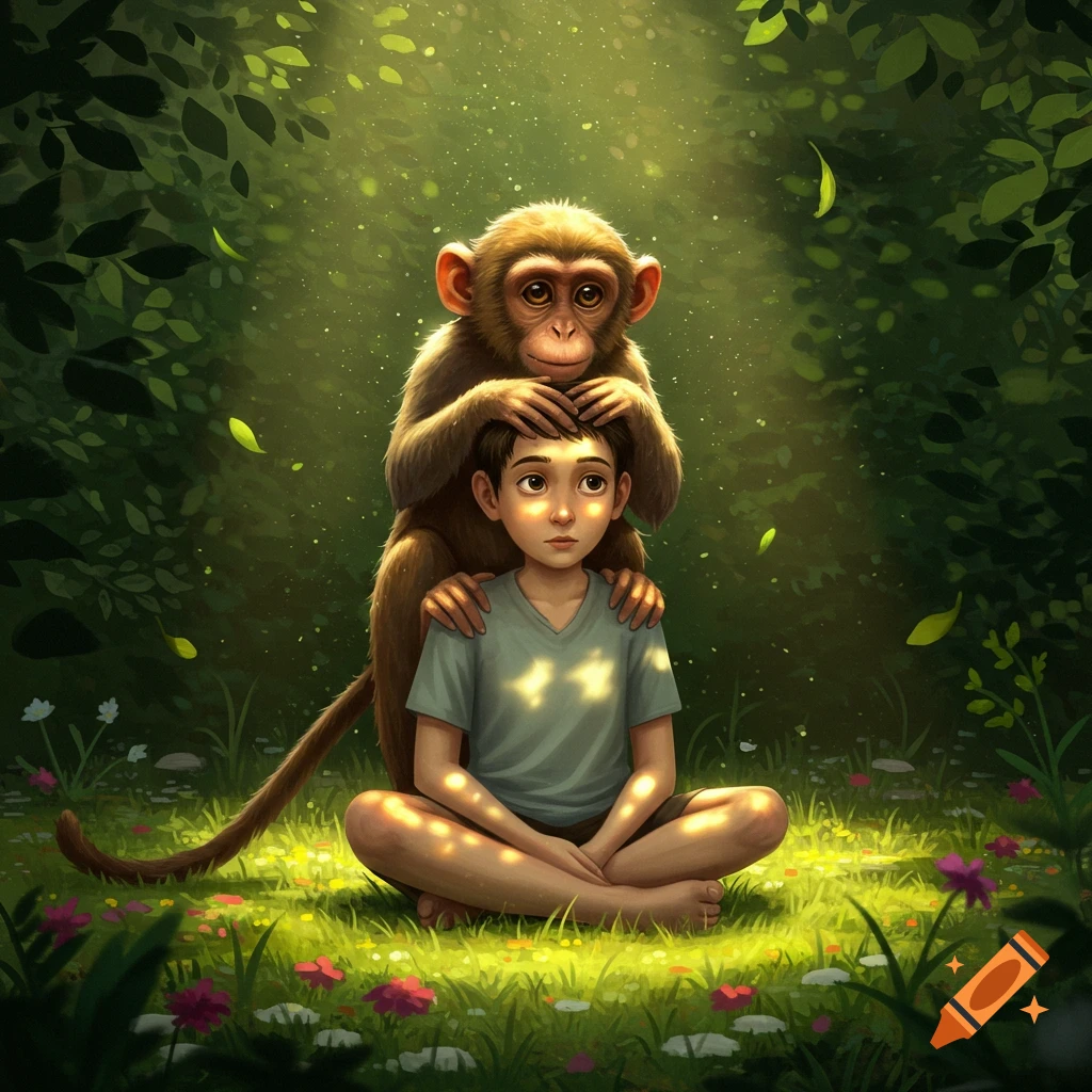 A young boy sits cross-legged in a sunlit forest clearing as a monkey gently places its hands on his head from behind.