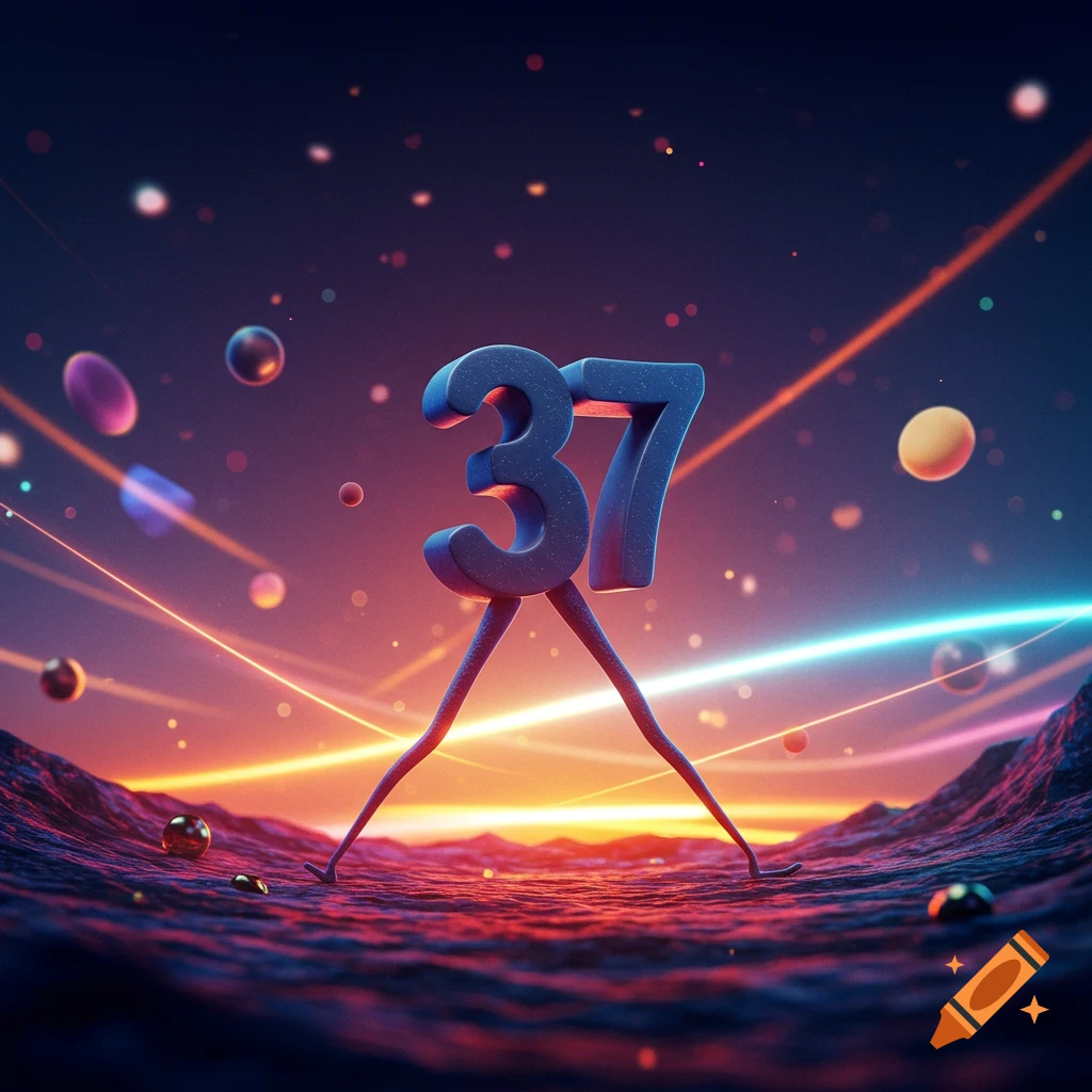The number 37 with long legs walks on a dark, wavy surface with glowing lines and floating orbs in a vibrant cosmic sky.