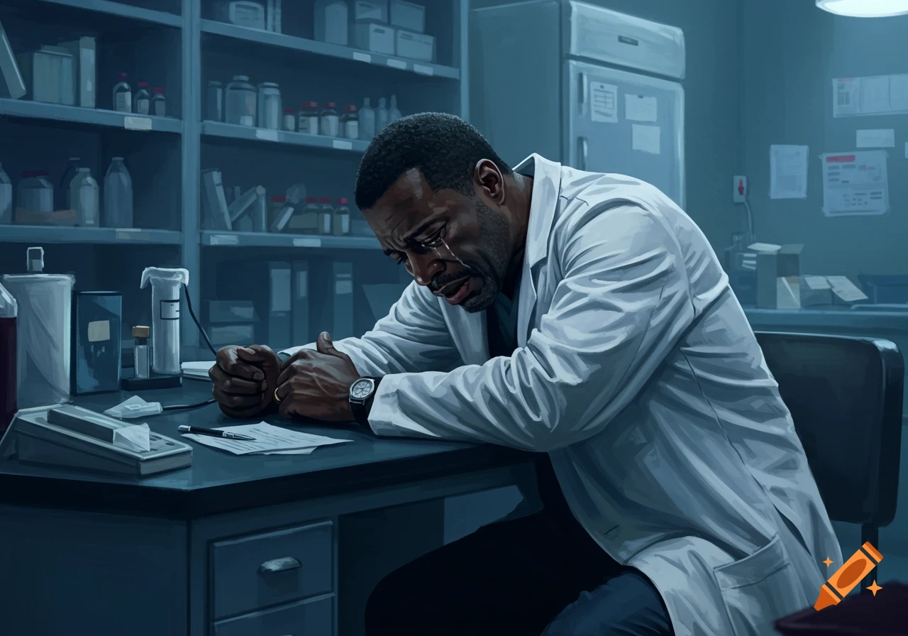 A distraught Black man in a lab coat sobs at a desk in a dimly lit medical lab with shelves of bottles.
