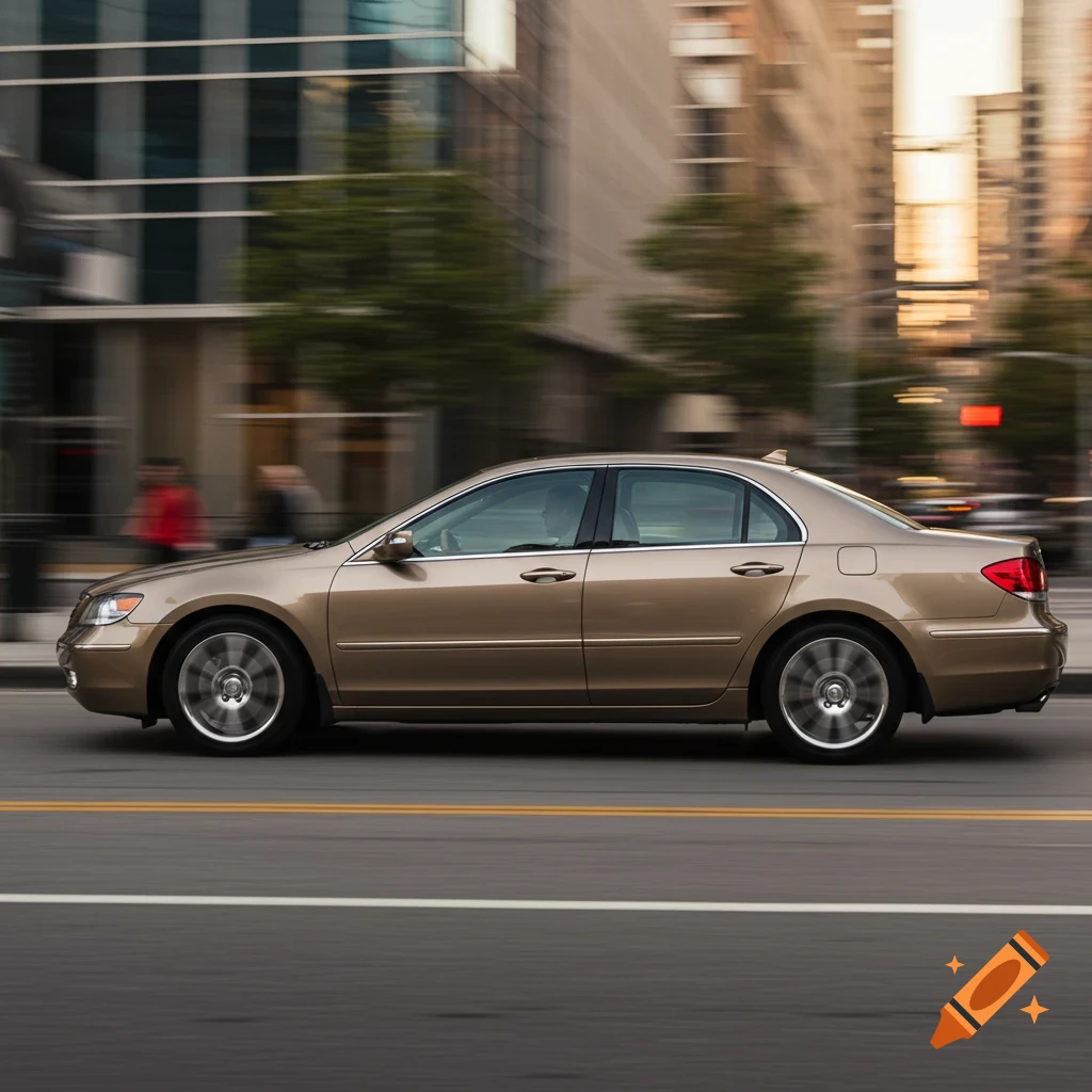 A tan car drives down a city street with motion blur in the background, captured in a side profile.