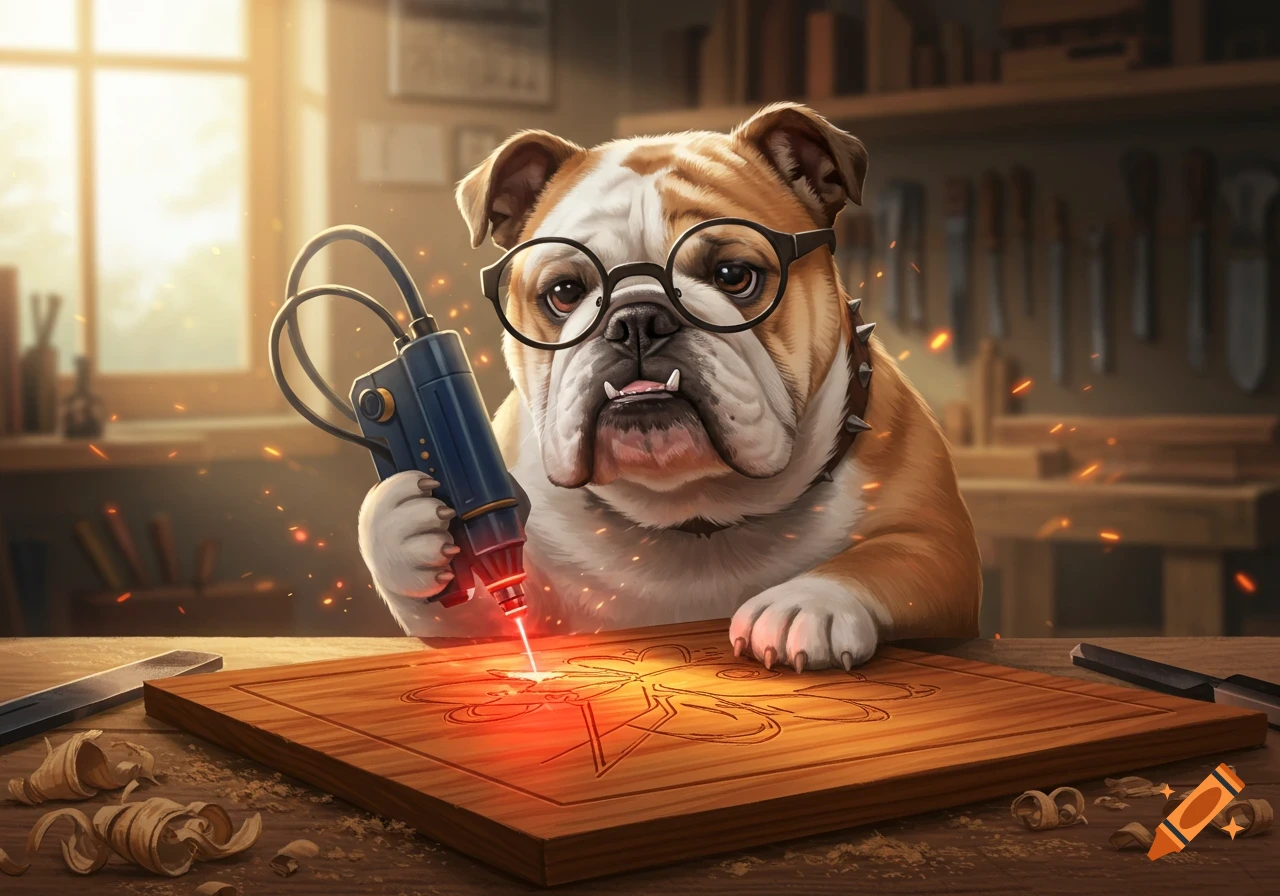 An intelligent English bulldog wearing glasses carefully uses a laser tool to engrave an intricate design onto a piece of wood in a workshop.