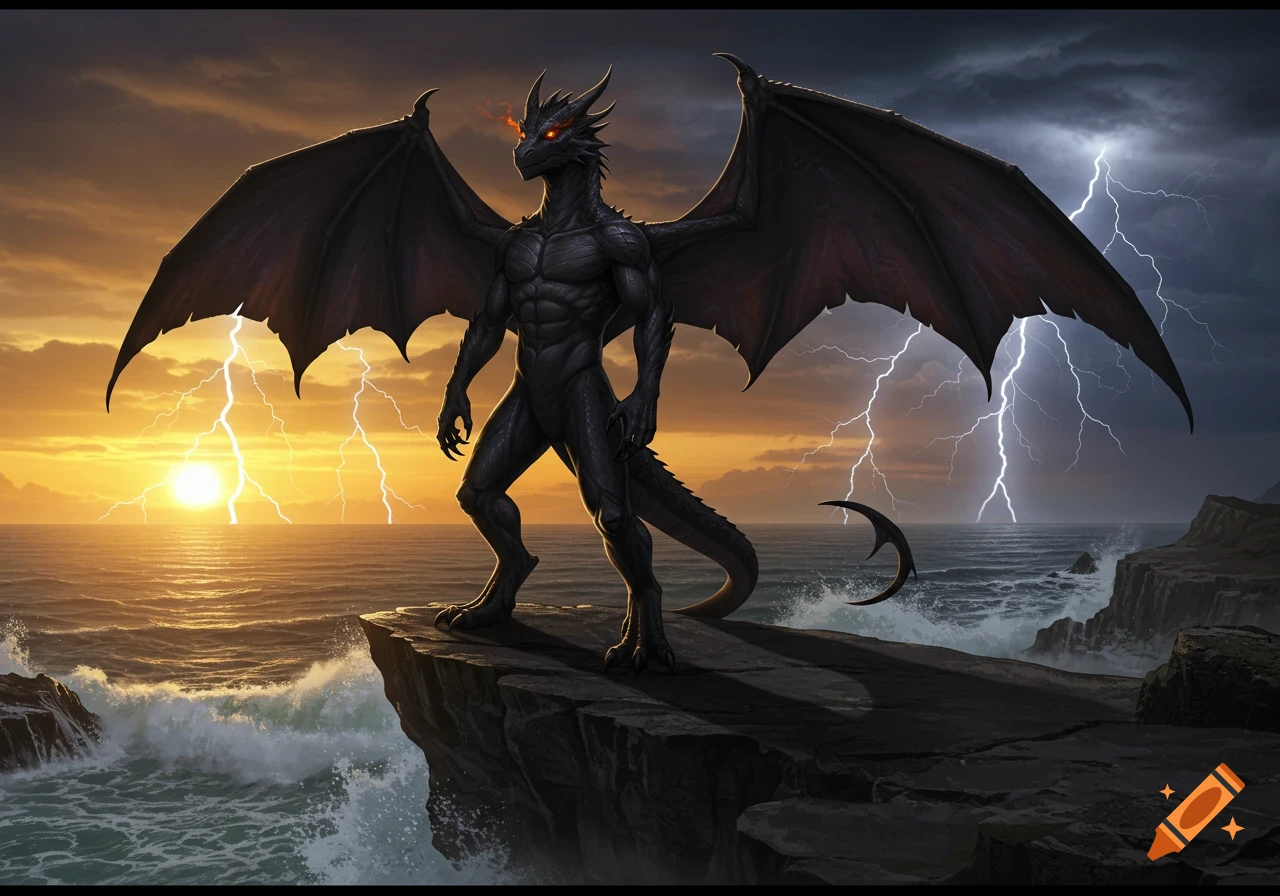 A dark, muscular humanoid dragon with glowing red eyes and large wings stands on a cliff overlooking a stormy ocean with lightning and a sunset.
