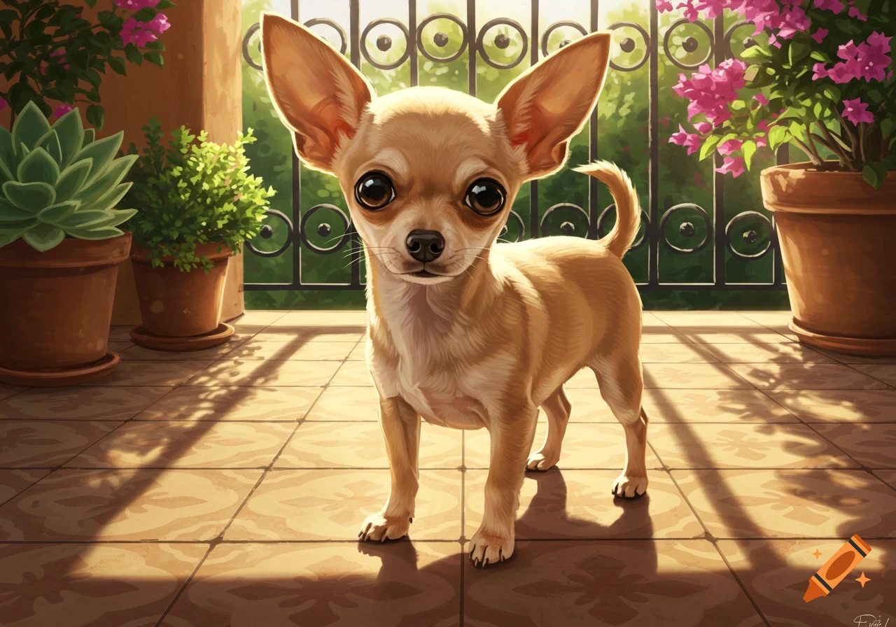 A tan chihuahua with large eyes and ears stands on a sunlit tiled patio with potted plants and a decorative metal fence in the background.
