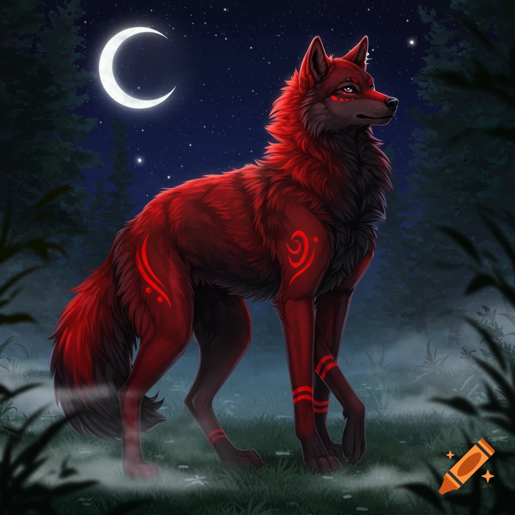 A stylized red and black wolf with glowing tribal markings stands in a dark forest at night under a crescent moon.