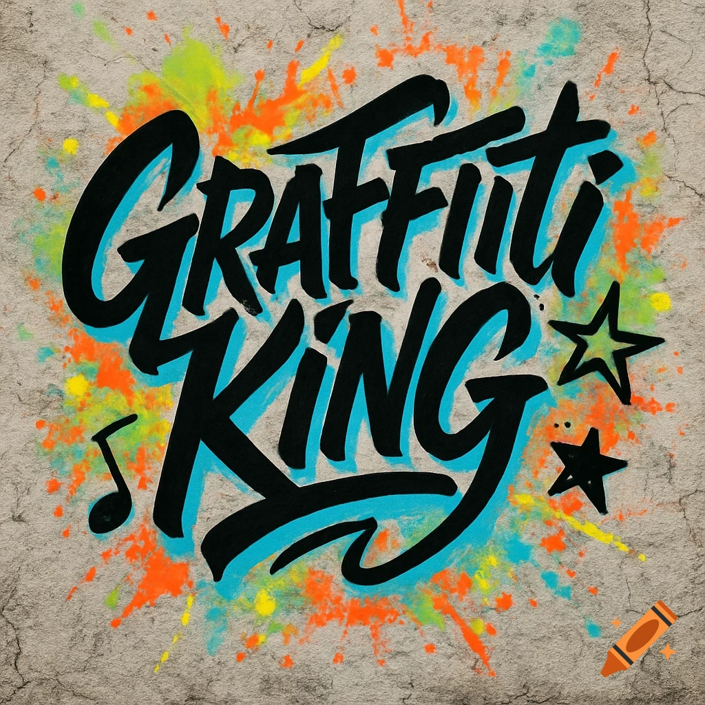 Stylized black and blue text 'GRAFFITI KING' with paint splatters and stars on a concrete background.