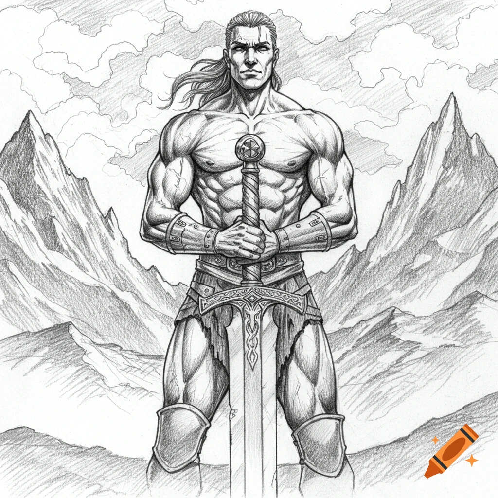 A detailed pencil sketch of a muscular, long-haired man in fantasy armor, holding a large sword, against a background of mountains and clouds.