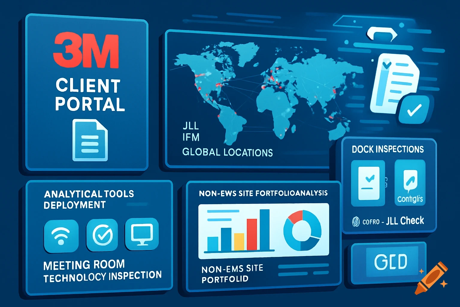 A blue infographic with white and red text, showing sections for a 3M client portal, global locations map, dock inspections, analytical tools, and portfolio analysis with charts.