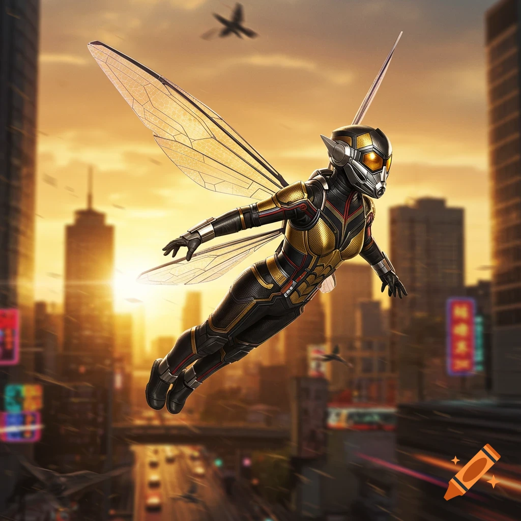 The Wasp, in a black and gold suit with translucent wings, flies dynamically through a city at sunset, with tall buildings and a road below.