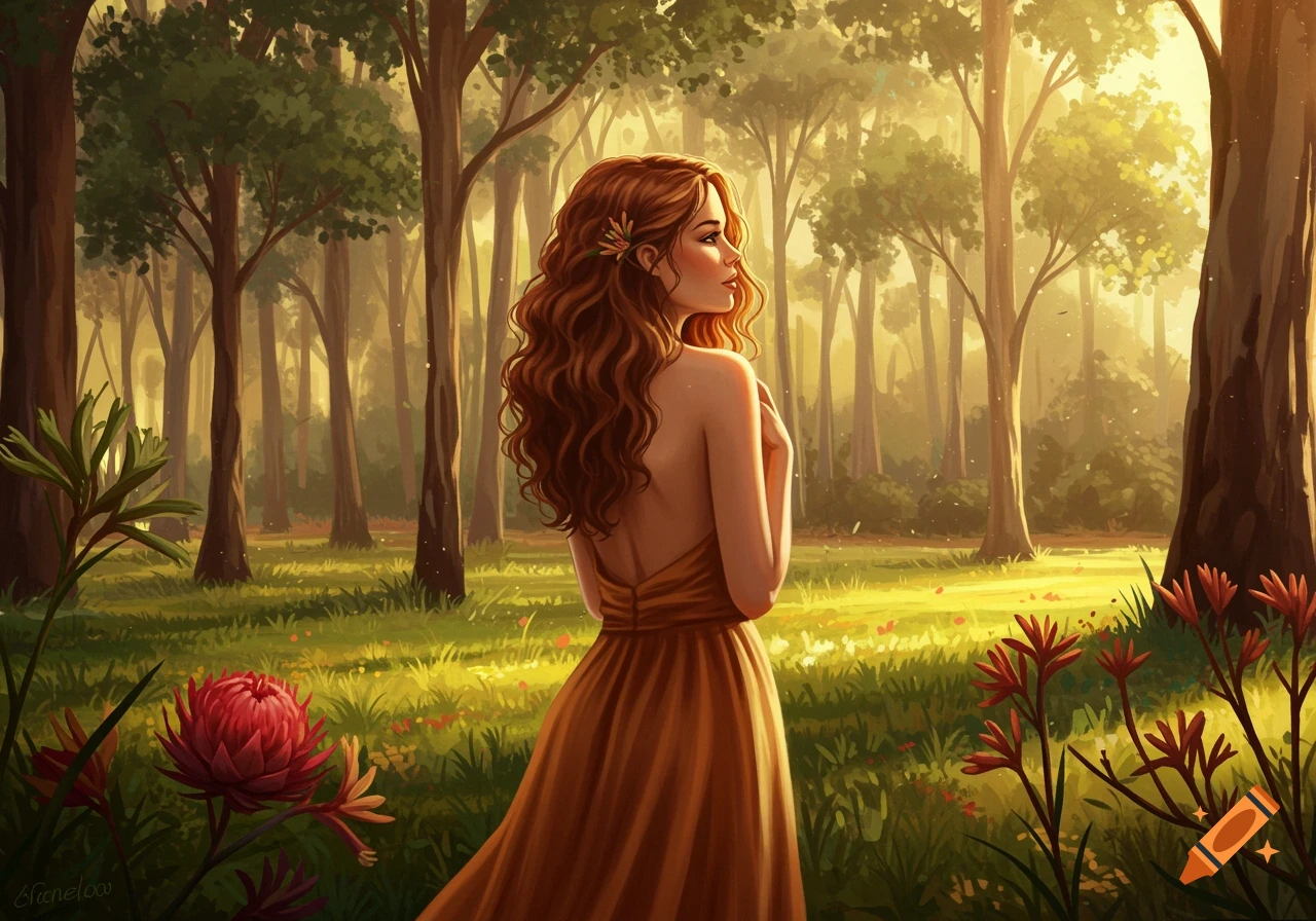 A woman with long, curly auburn hair in a brown dress stands in a sunlit forest clearing, looking to the side.