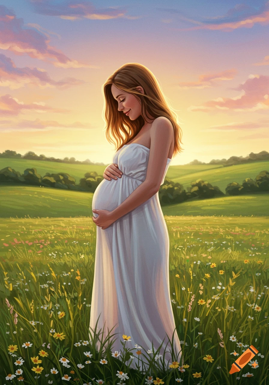 A digitally painted pregnant woman in a white dress stands in a wildflower field at sunset, looking down at her belly.