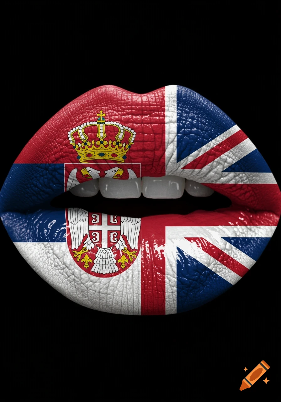 Close-up of lips painted with the Serbian flag on the left and the UK flag on the right, against a black background.