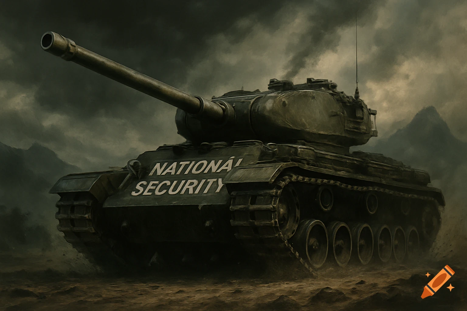 A dark, moody painting of an army tank with "NATIONAL SECURITY" written on its front, set against a stormy, mountainous background.