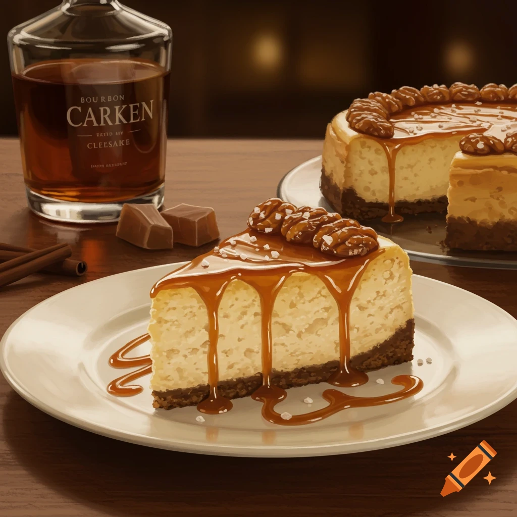 A slice of bourbon salted caramel cheesecake with candied pecans and sea salt on a white plate, with a bourbon bottle and whole cheesecake in the background.