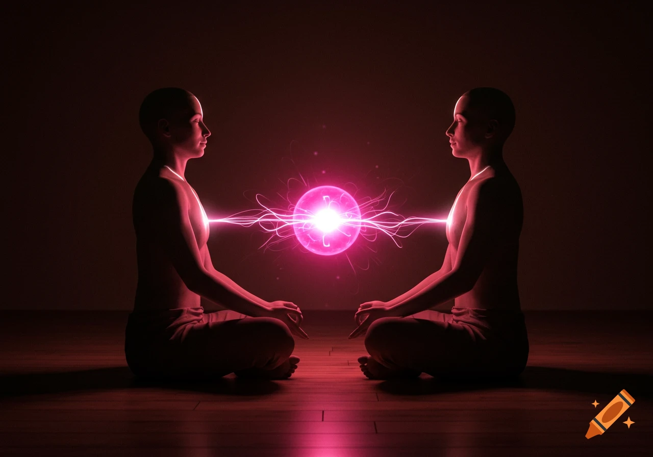 Two bald figures in meditation postures face each other, connected by a glowing pink energy circuit emanating from their chests.