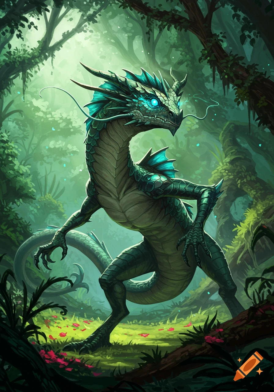 A vibrant green and blue dragon with glowing eyes stands in a lush forest, depicted in a digital painting style.