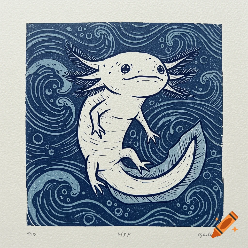 A white axolotl with dark blue gills floats in swirling dark blue and light blue water in a lino print style.