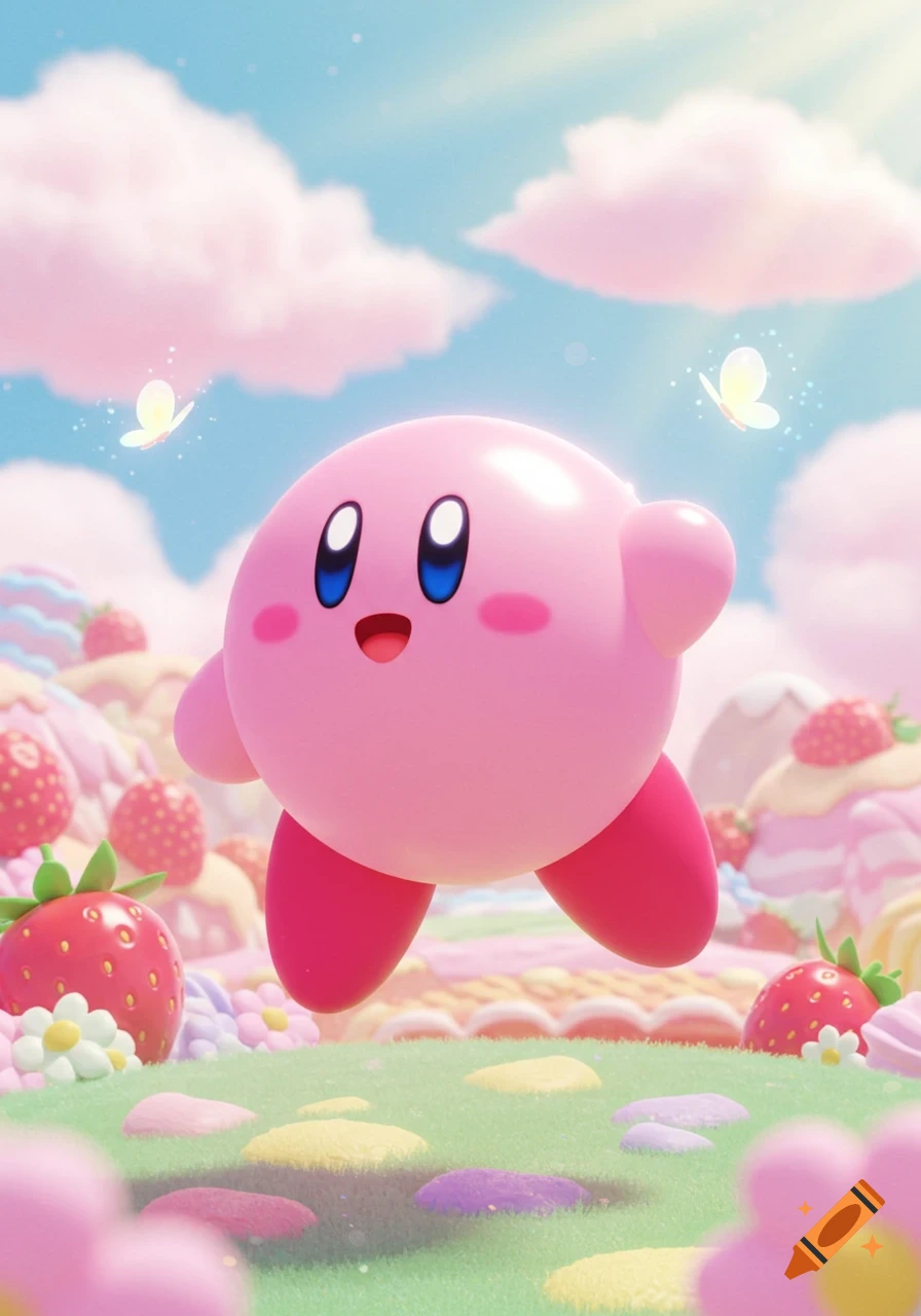 Kirby, a pink spherical character, bounces through a vibrant, candy-like landscape under a blue sky with pink clouds, surrounded by strawberries and flowers.