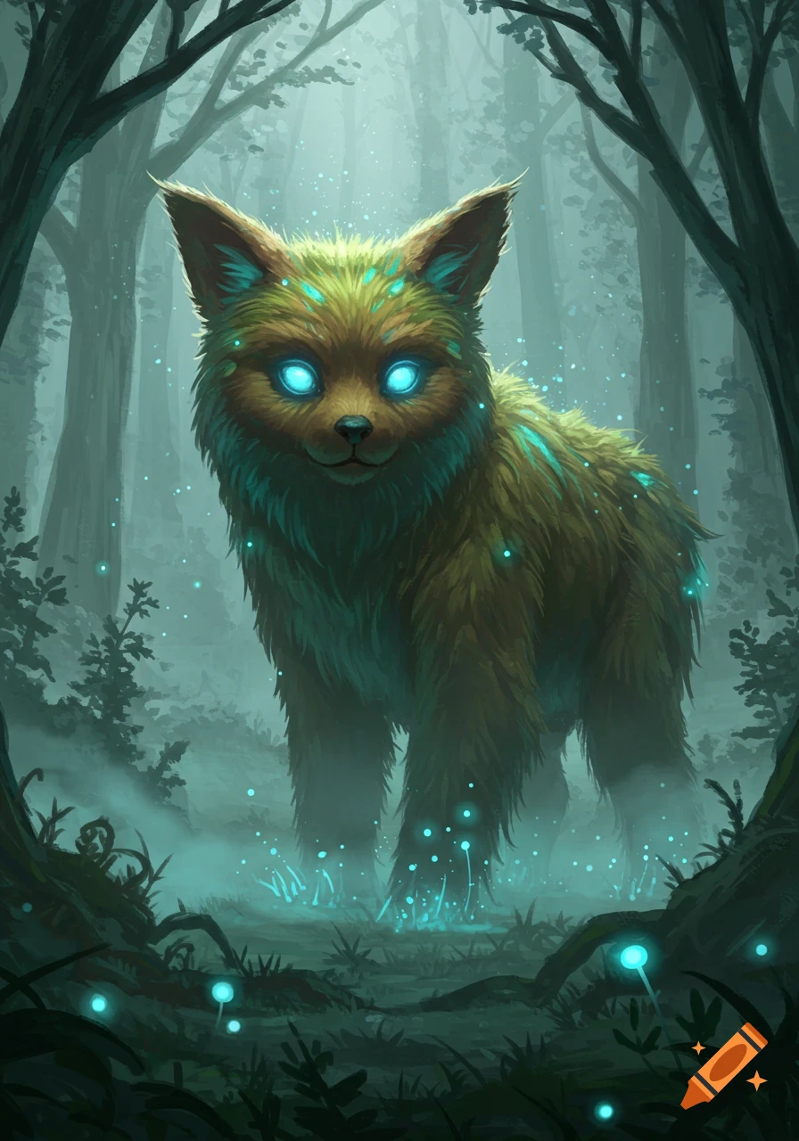 A glowing furry beast with bright blue eyes stands in a mystical dark forest with luminous plants.