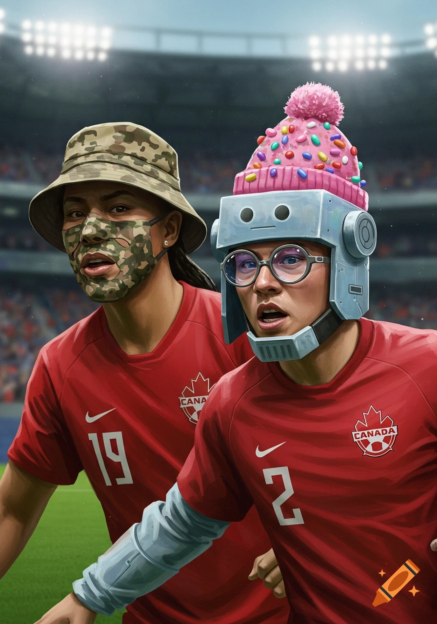 Two illustrated soccer players on a field. One wears a camouflage mask and bucket hat, the other a robot helmet with a pink sprinkle beanie. Both wear red Canadian jerseys.